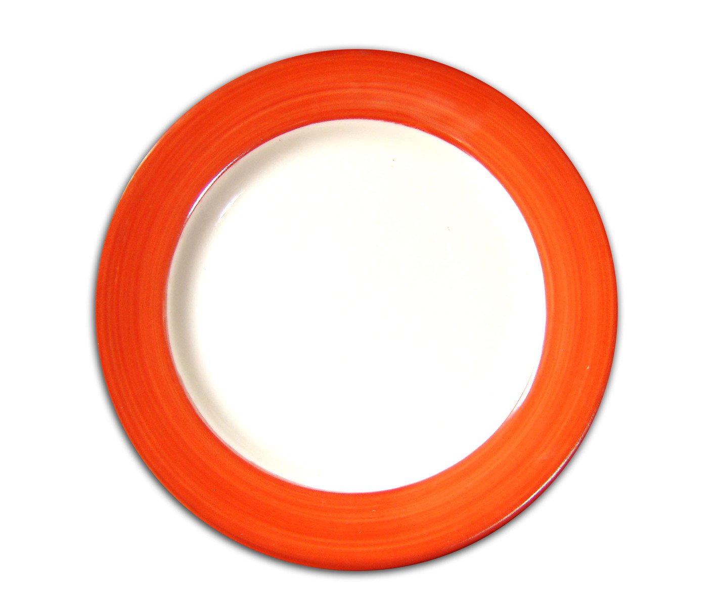 an empty plate with orange edge and a white background