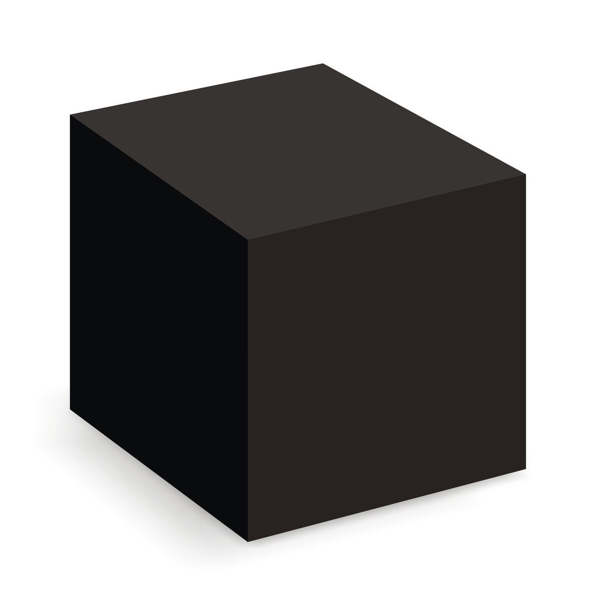an angled black cube stands in front of a white background