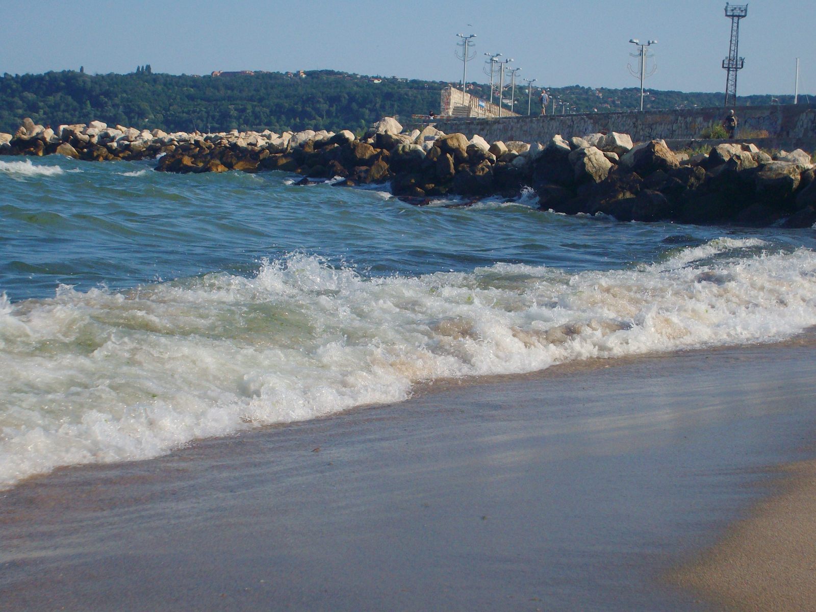 a person walking on the shore next to a body of water