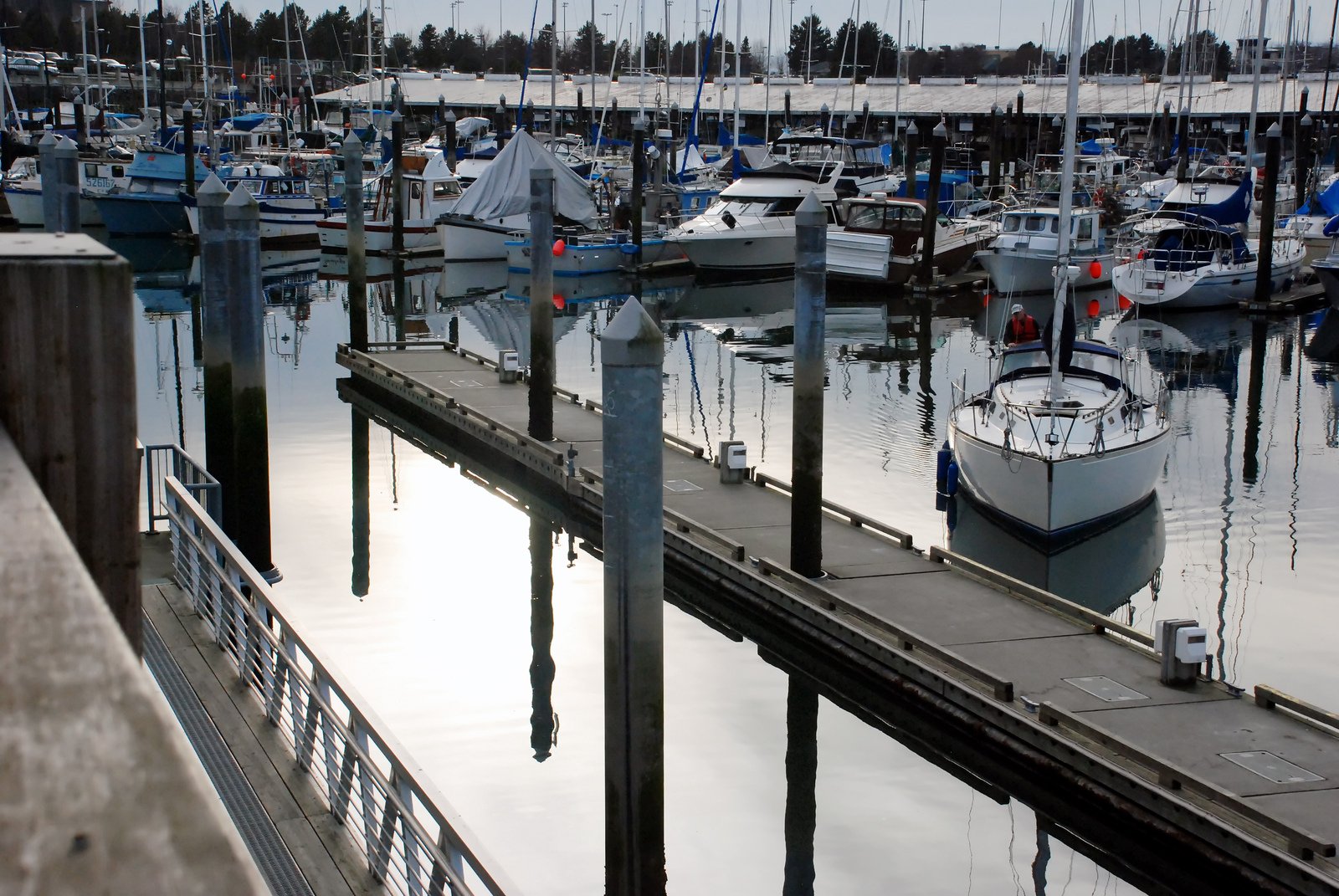 boats sitting in a marina next to docks