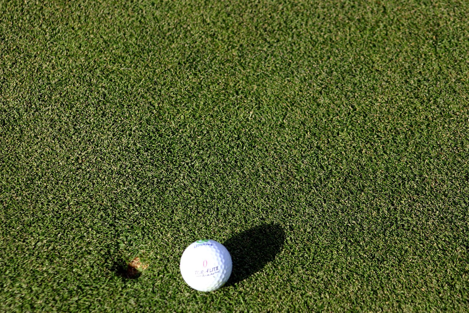 the view from above of a golf ball and tee in the grass