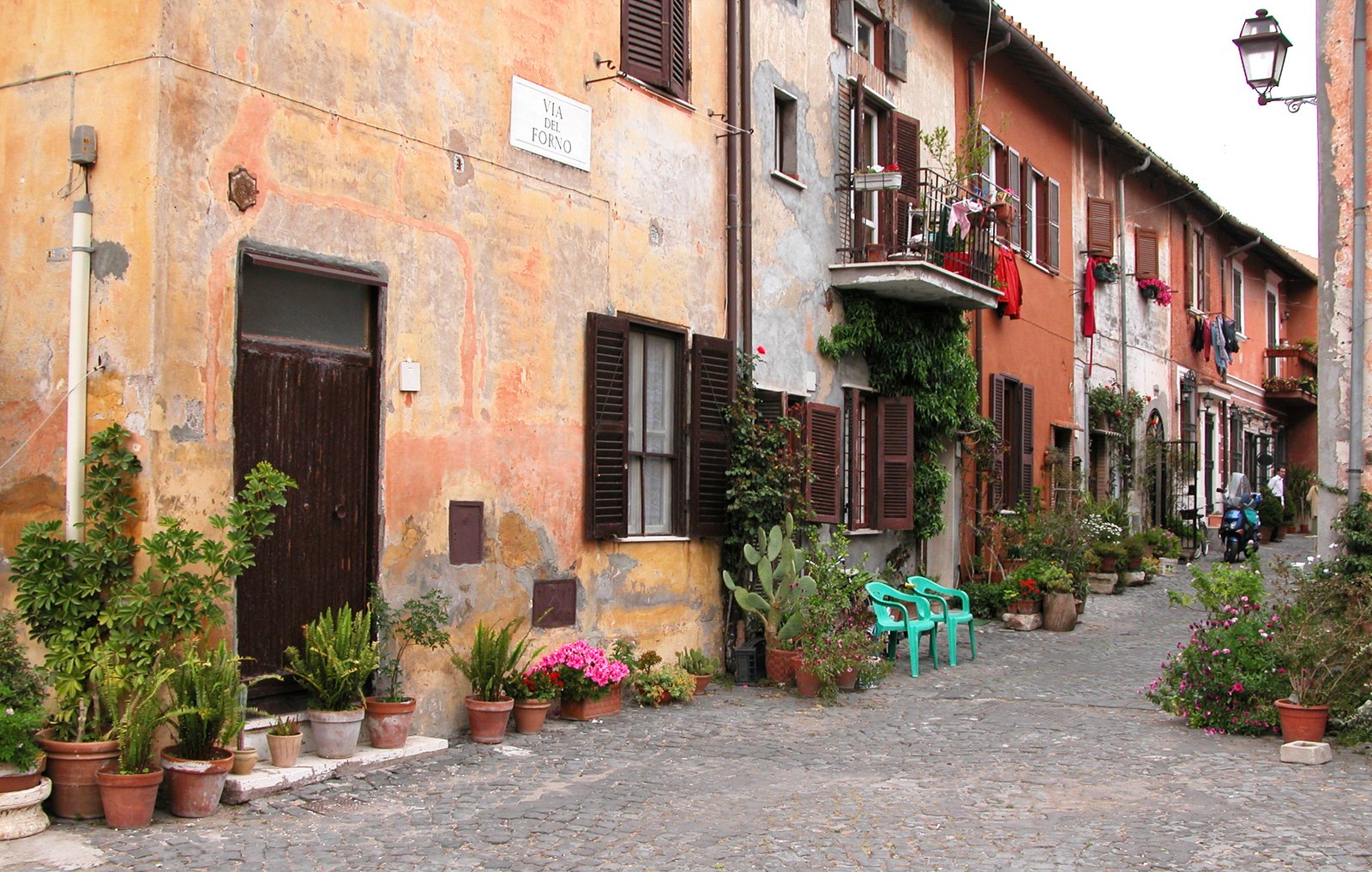 the building has flowers around the plants in pots