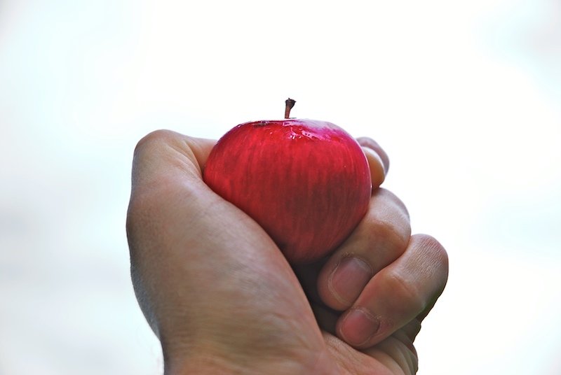 a person is holding an apple in their hand