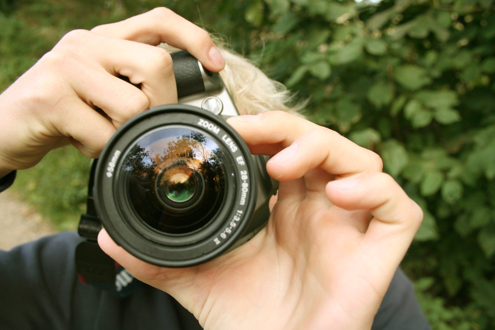 person taking a pograph in a circular lens