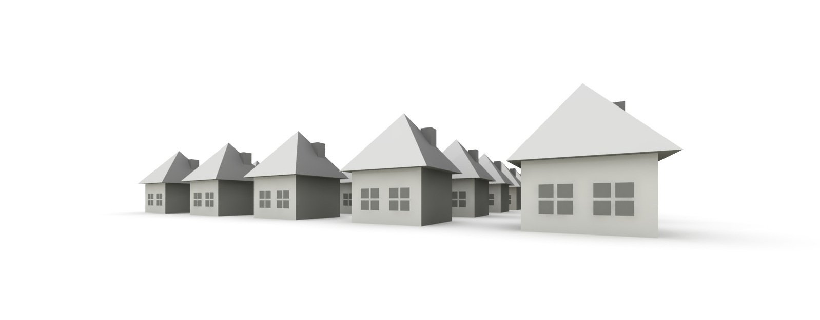 five small gray houses that are set on a white background