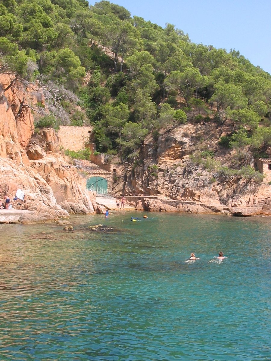 people snoraking in the clear water off of a cliff
