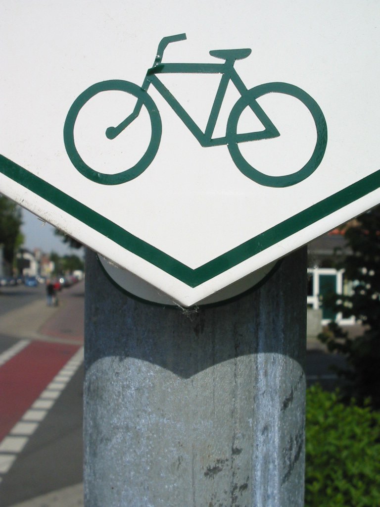 the sign shows a bicycle and street signs are marked