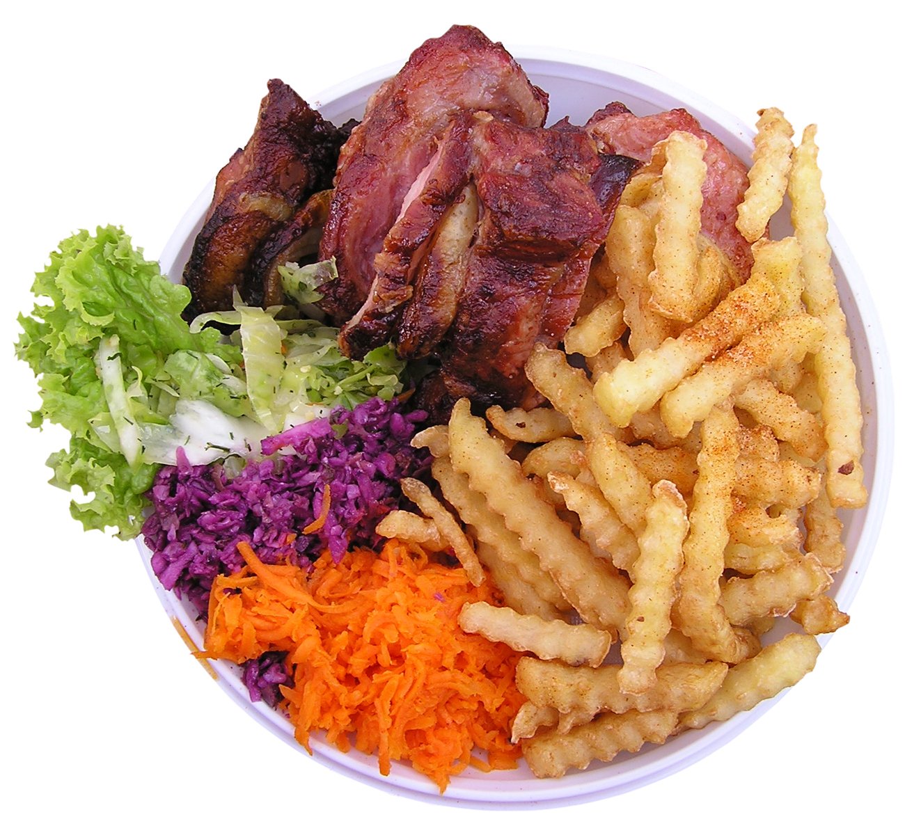 a plate of food that includes meat, french fries, and vegetables