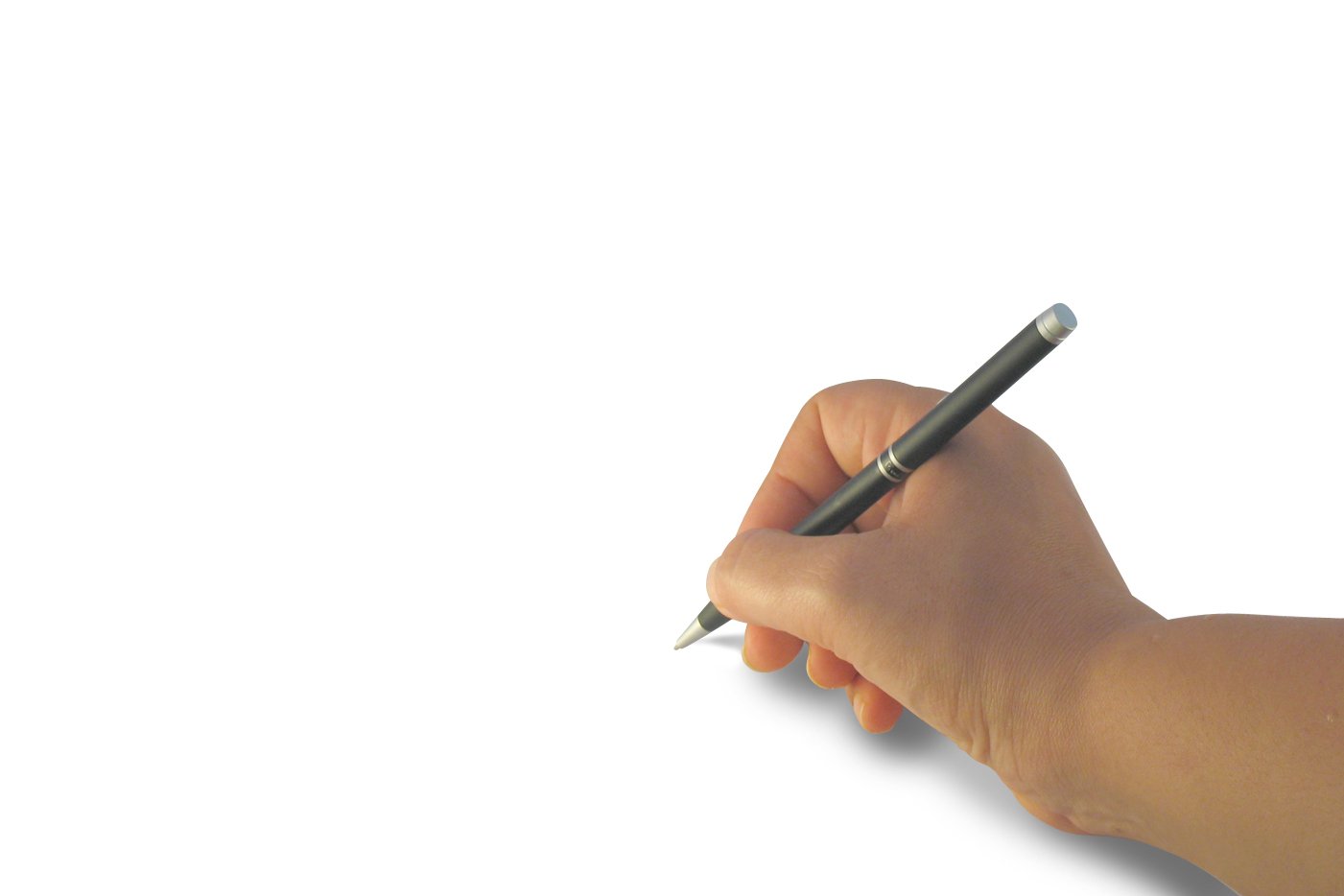 hand holding a pencil with tip pointed at the white back