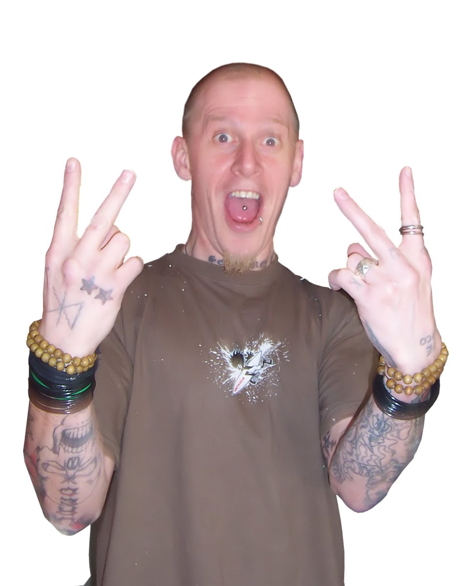a man is wearing three different tattoos and is making two hands up