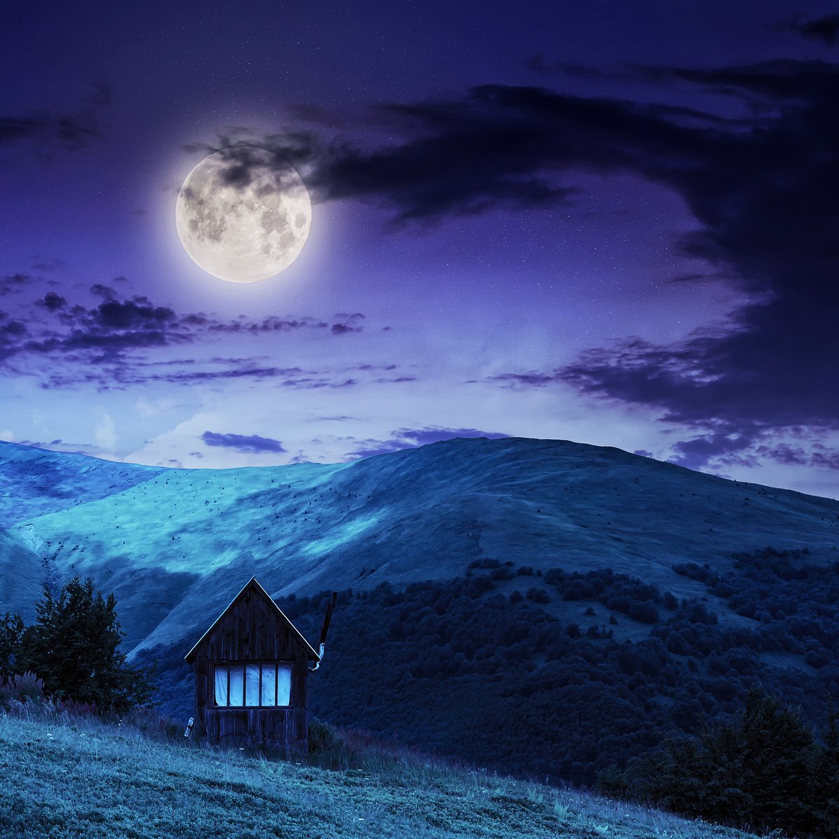 an image of a night scene with a cabin
