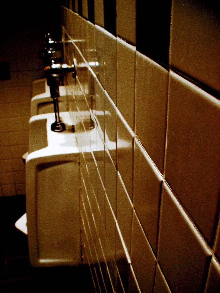 a public bathroom has two urinals on the wall