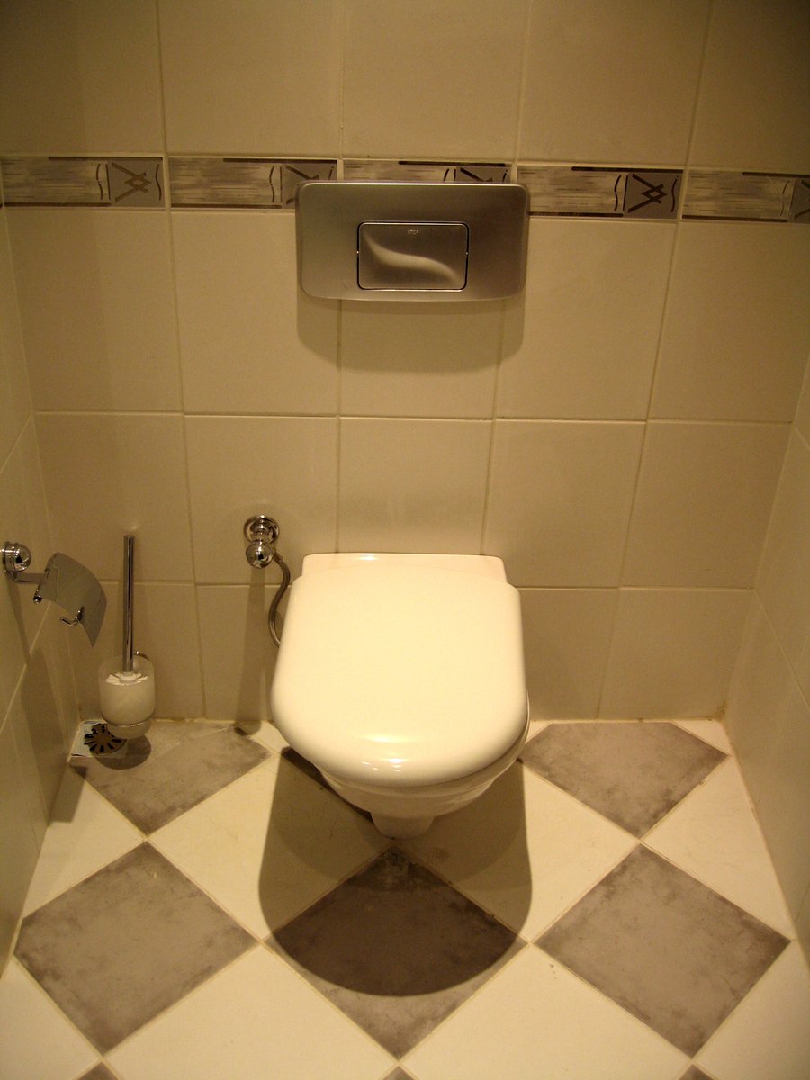 a white toilet in the corner of a bathroom