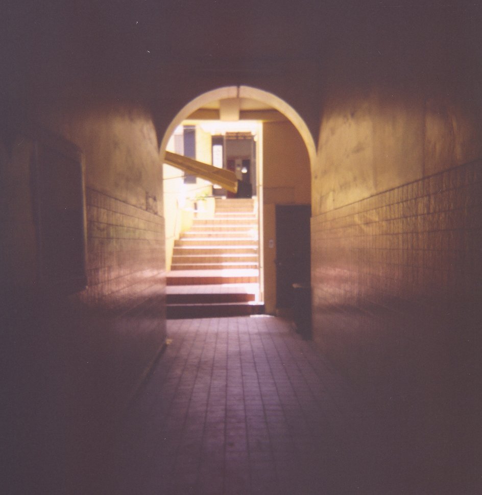 a long narrow staircase is pictured with stairs going up and down