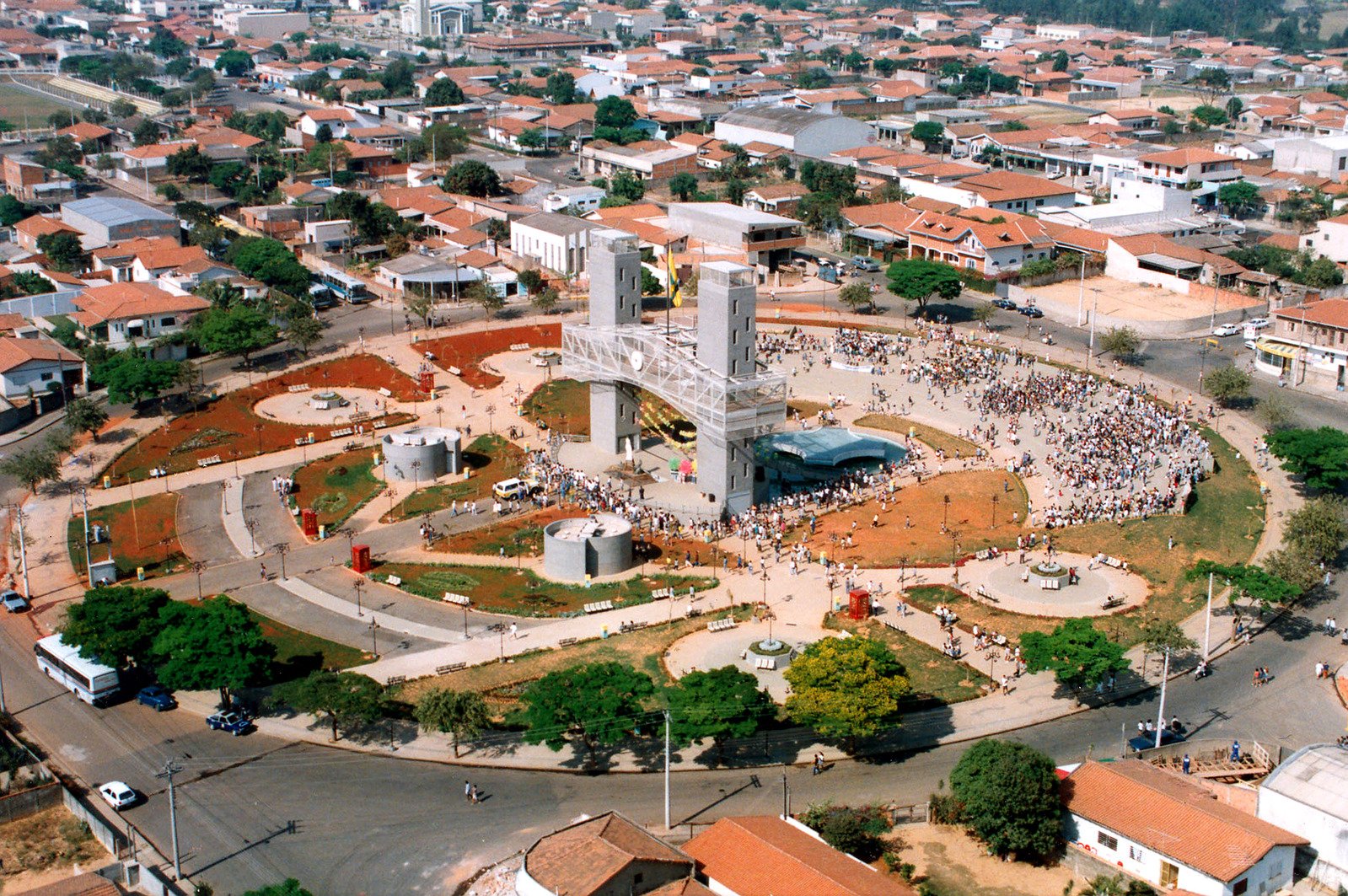 an aerial view of a city plaza surrounded by buildings