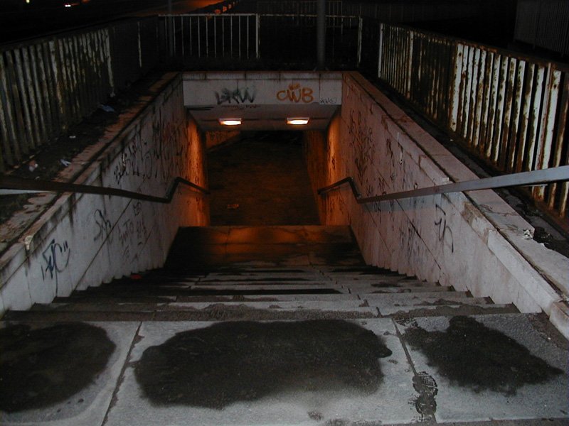 a dirty stairway area with lots of graffiti