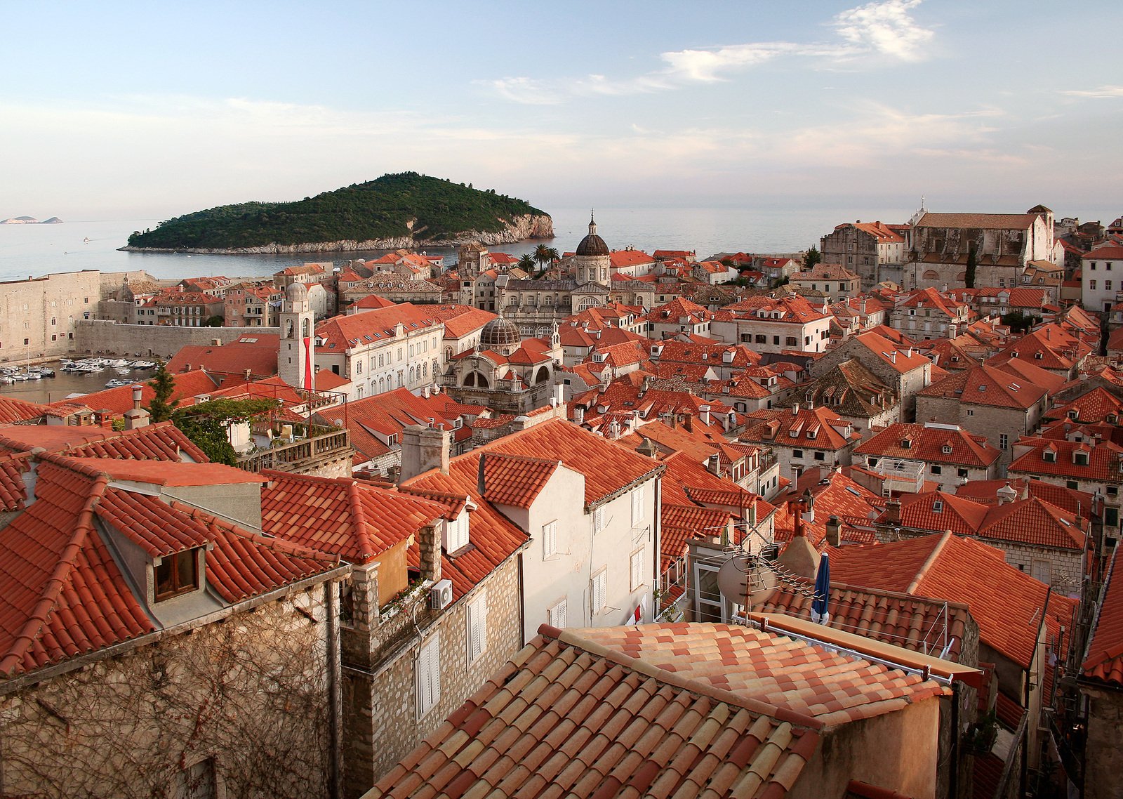 red roofed houses overlook the bay of a city