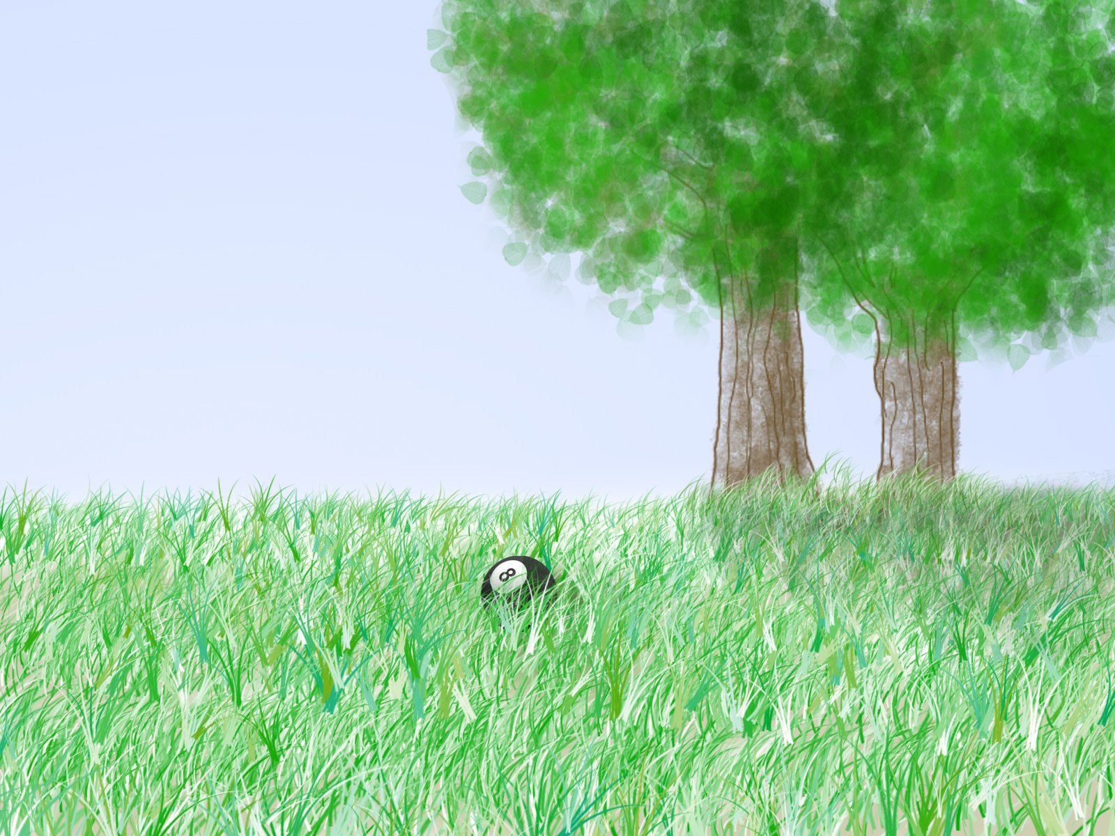 a drawing of a dog and a tree on the grass