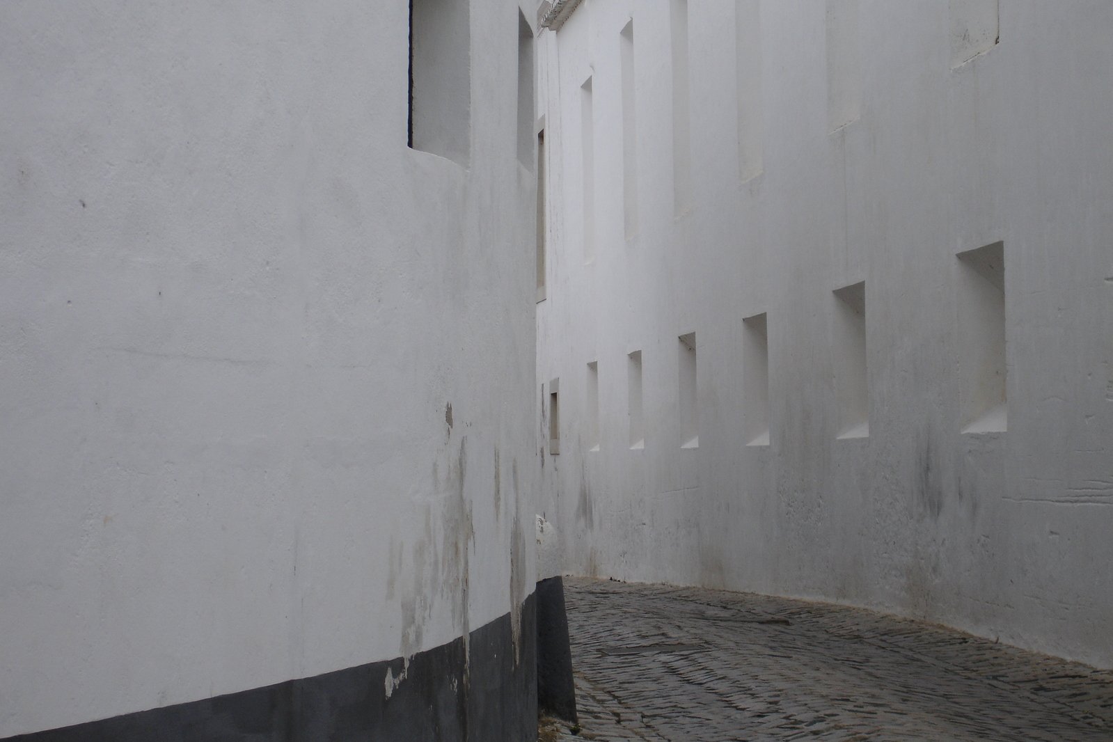 an empty alley is seen with a grey stone walkway