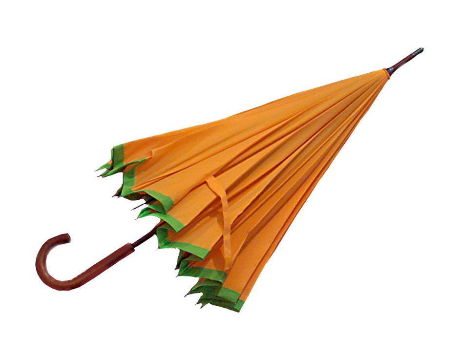 a single orange umbrella is open on a white background