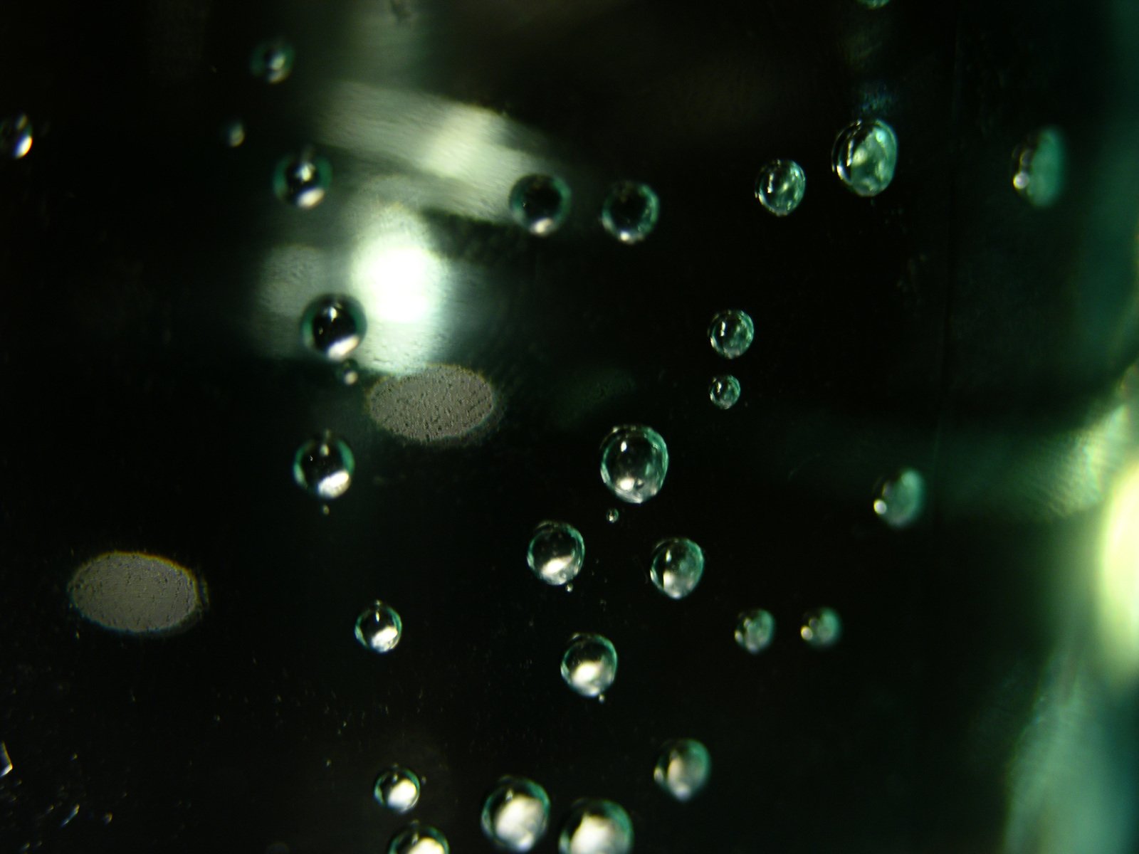 drops of water on the window with one in focus