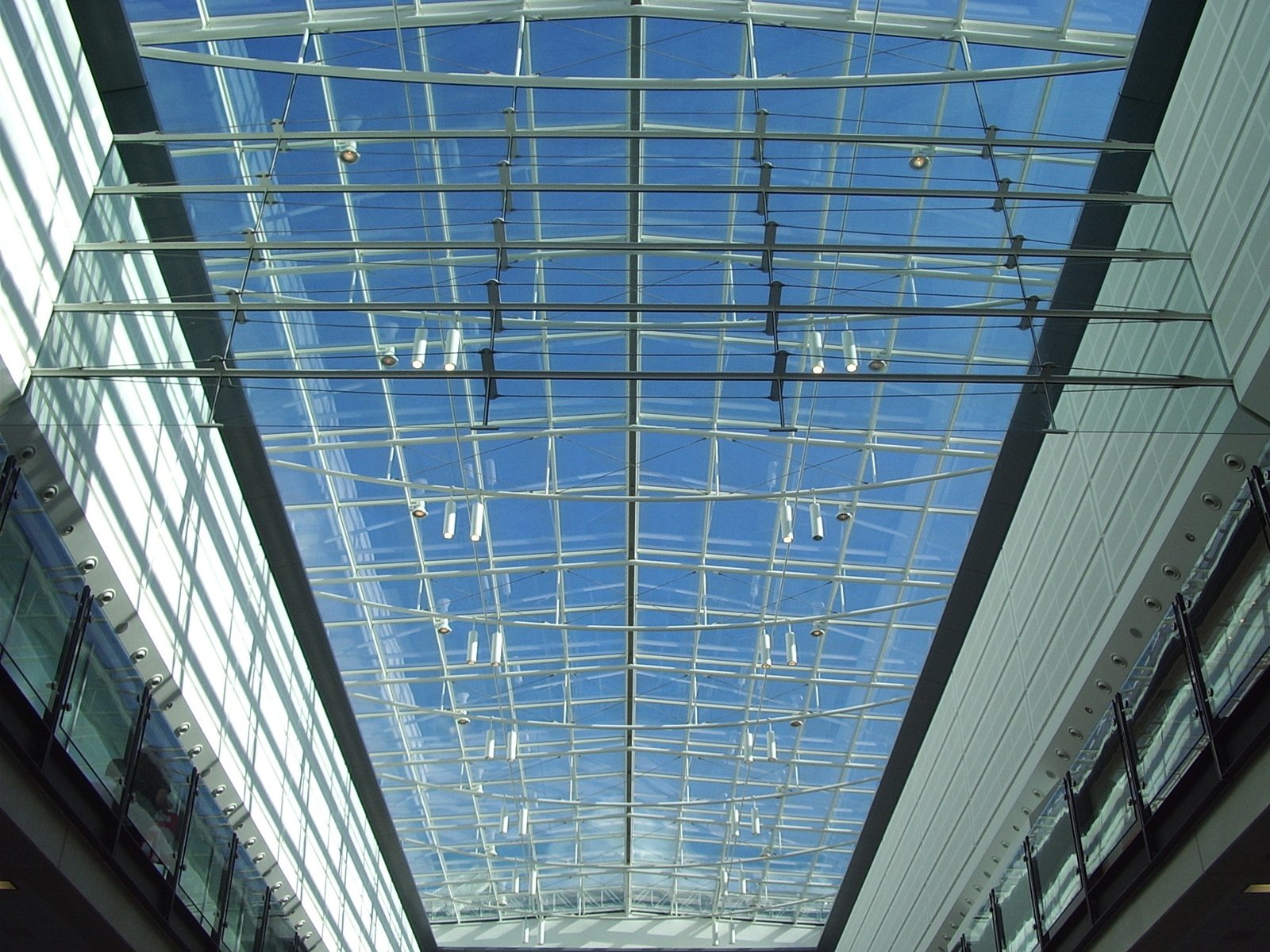an enclosed area is shown, showing the skylight and metal rods in a glass building
