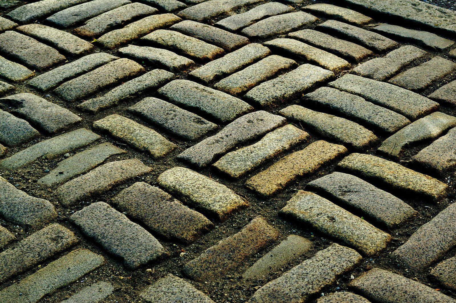 the view of brick walk path showing only yellow and black cobblestones