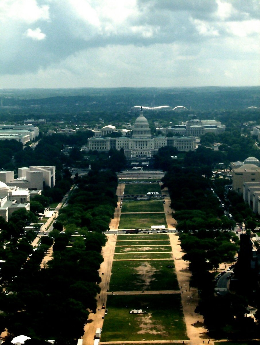 view over washington monument from the air, looking down at the capitol