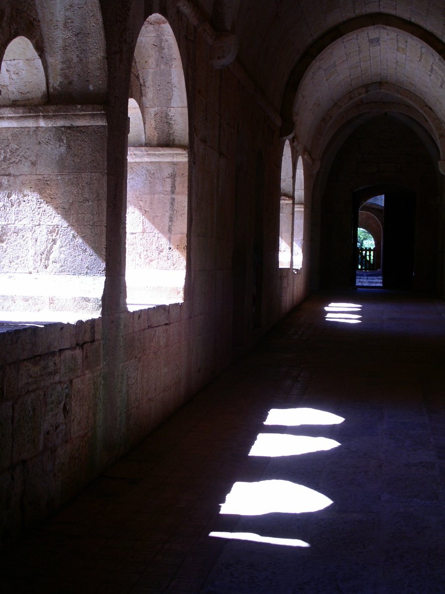 shadows cast on the wall and pillars in an old building