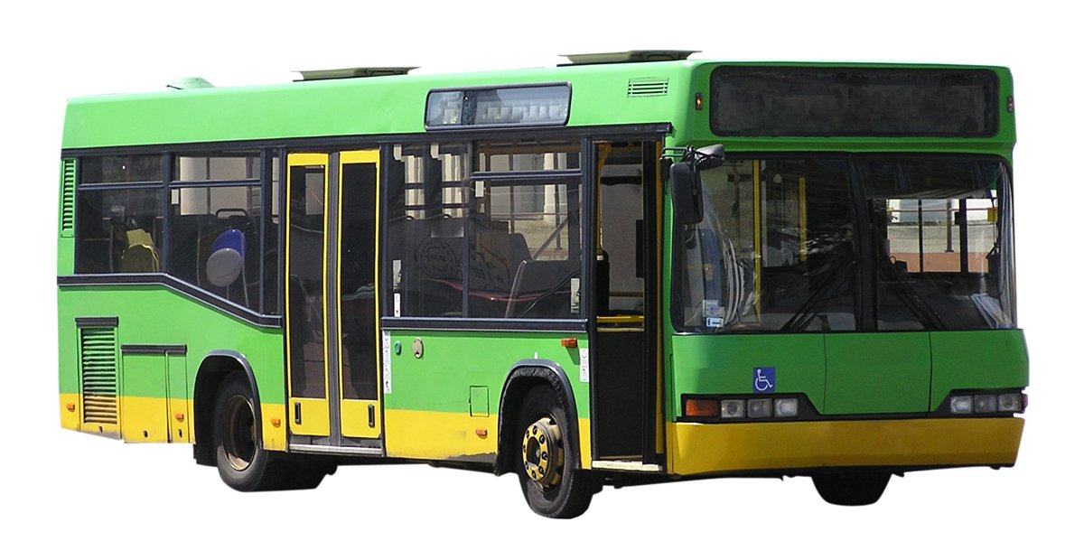 the big green city bus has a yellow stripe on the front