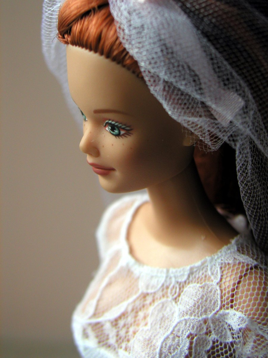 a close up view of a barbie wearing a white head dress and veil