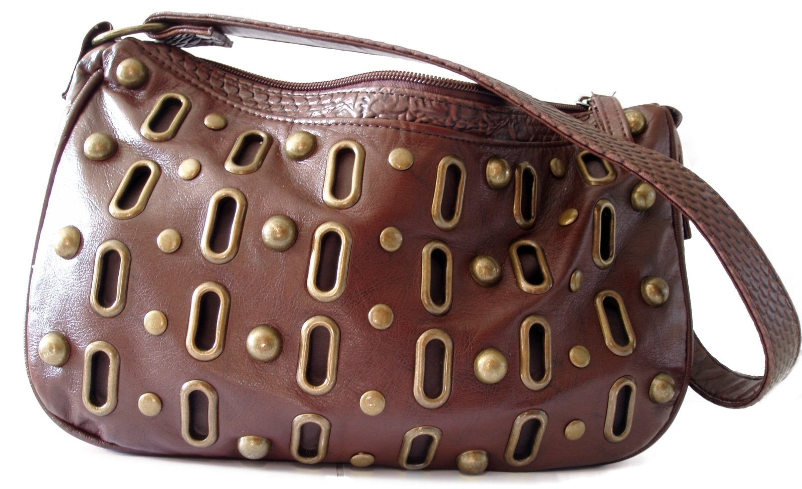 a brown purse that has been designed with studs