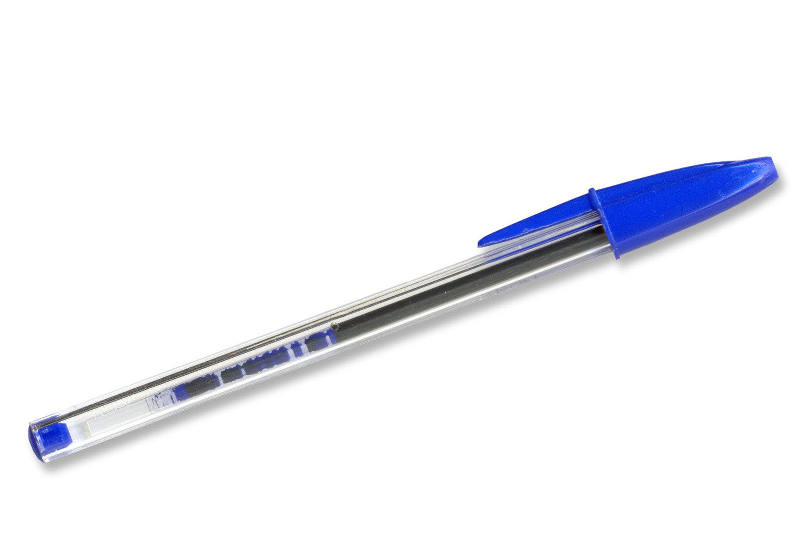 a ballpoint pen is blue with silver tips