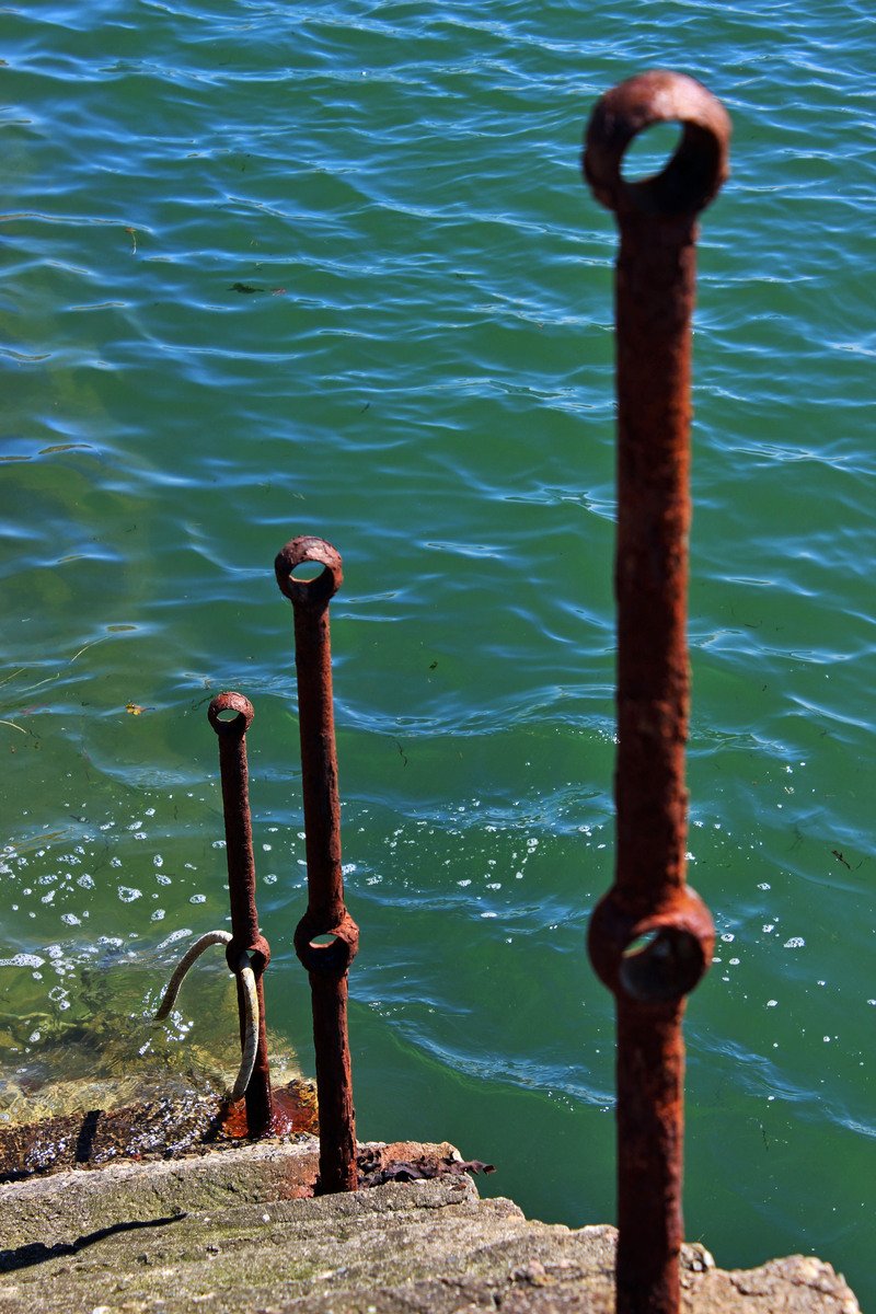 rusty bars are in the middle of a body of water