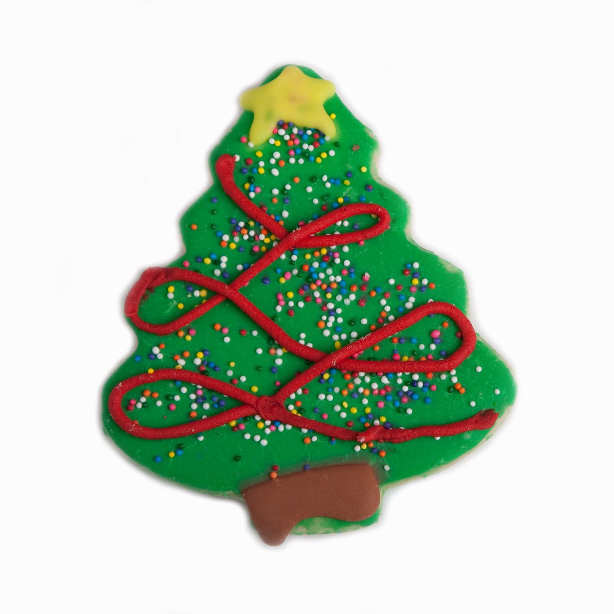 a small christmas tree ornament in green with red strings