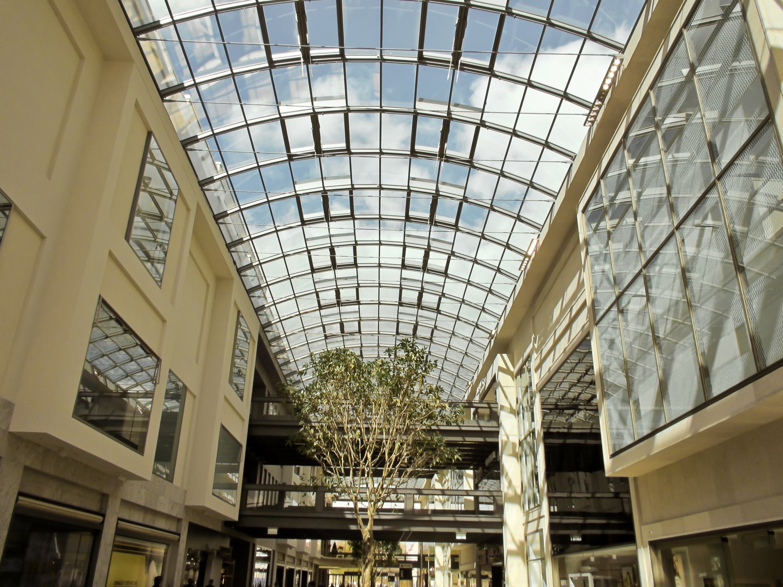 a walkway and a shopping center with several windows