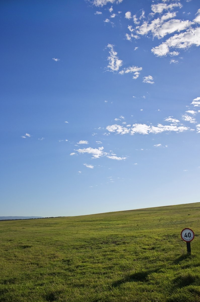 an empty field with a sign in the middle