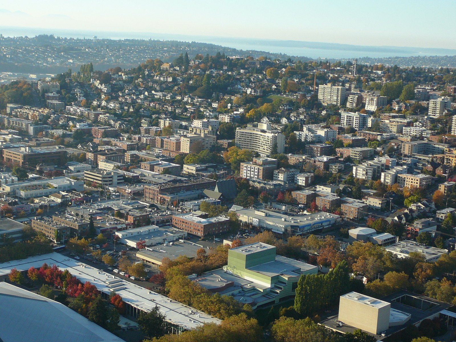 the aerial view of city in the fall season