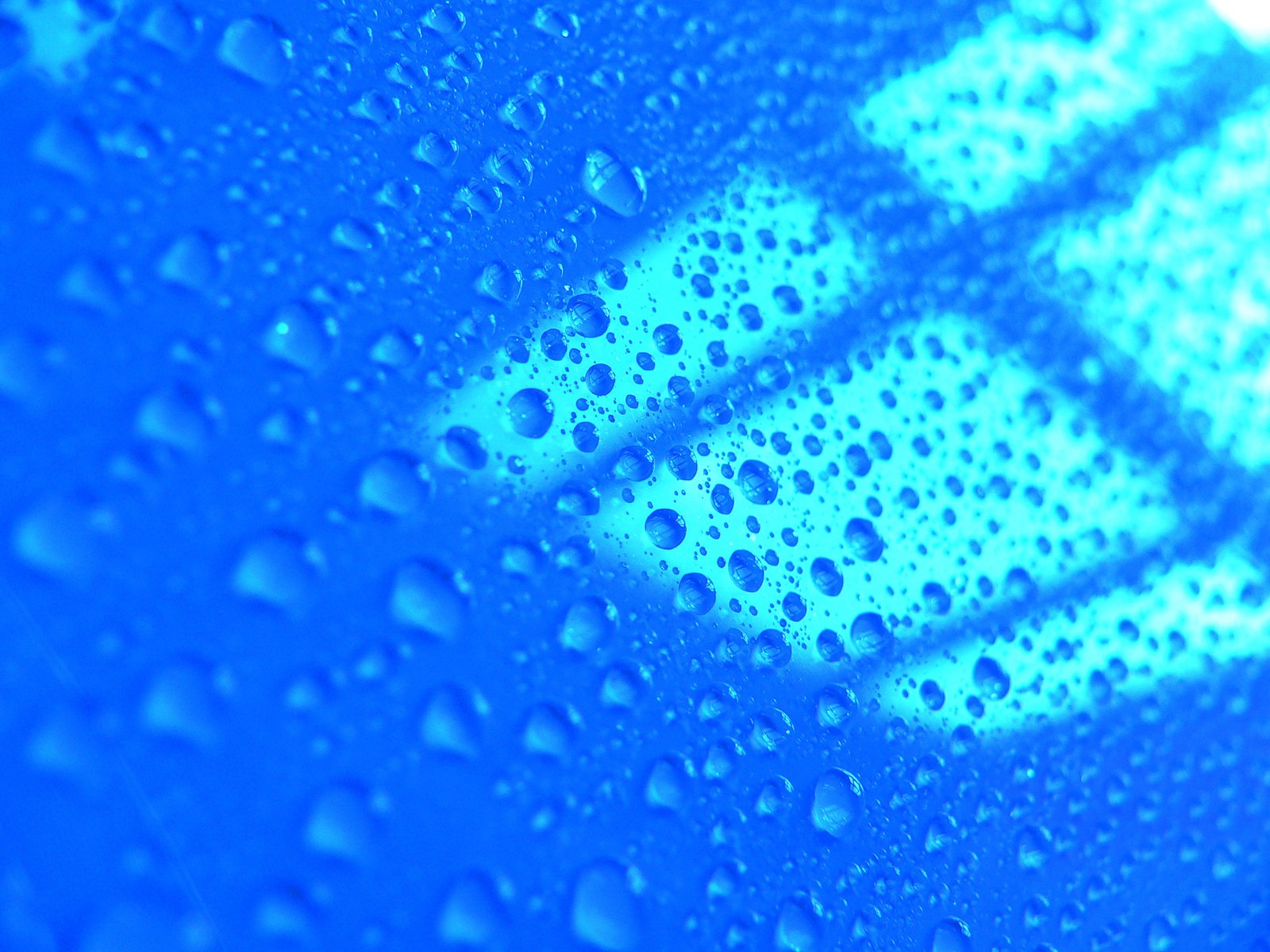 rain drops cover the top of a blue car with an image of a pedestrian sign in the rain
