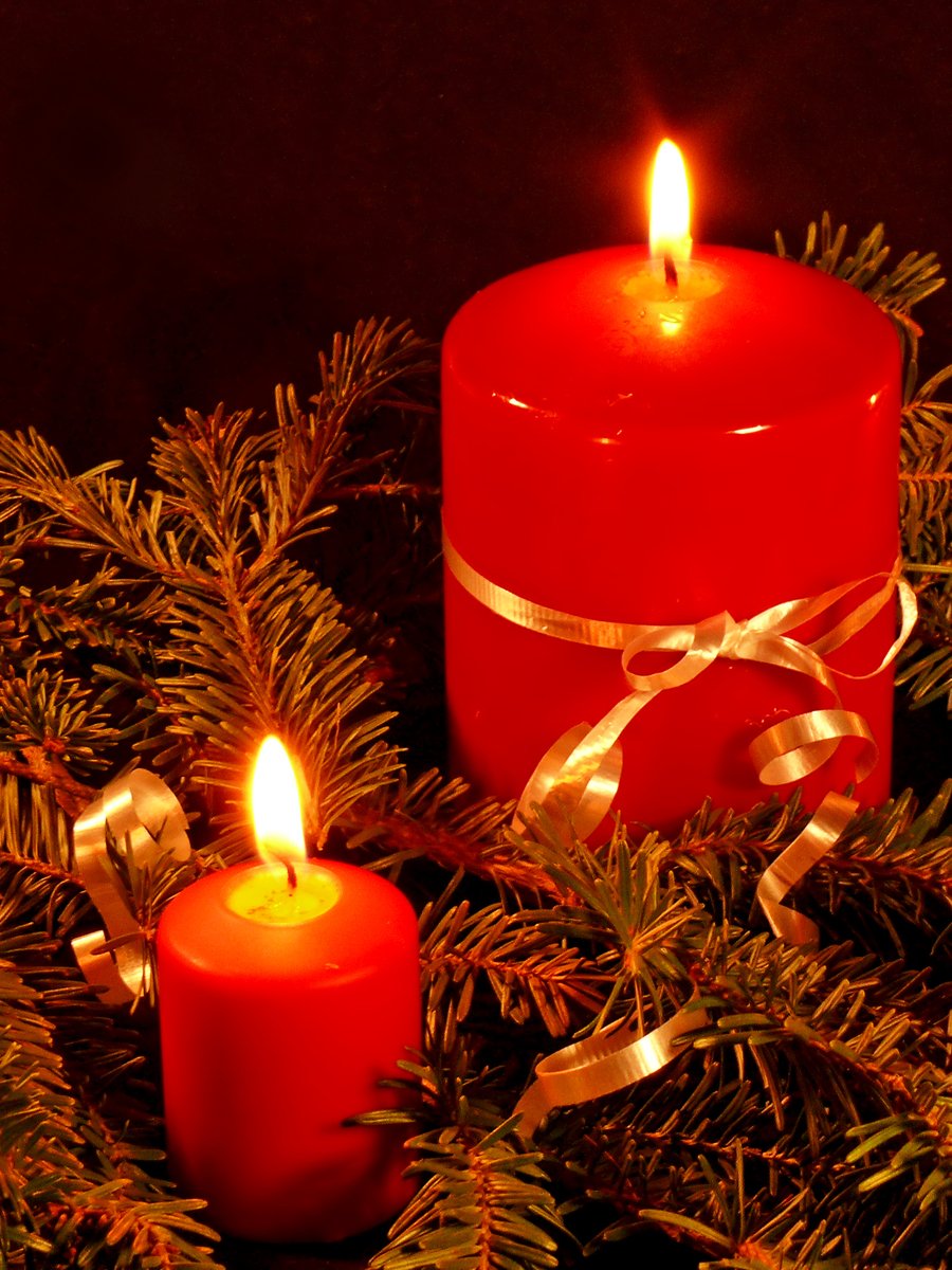 two red candles surrounded by pine cones and gold ribbon