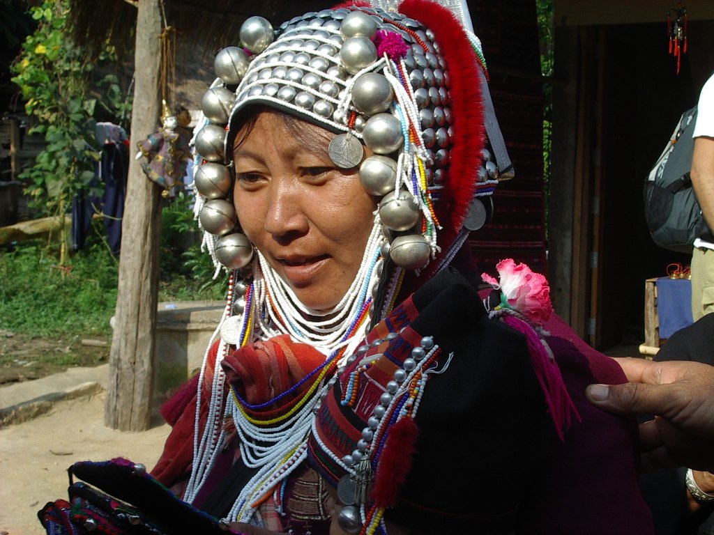 the woman is wearing an intricately designed headdress