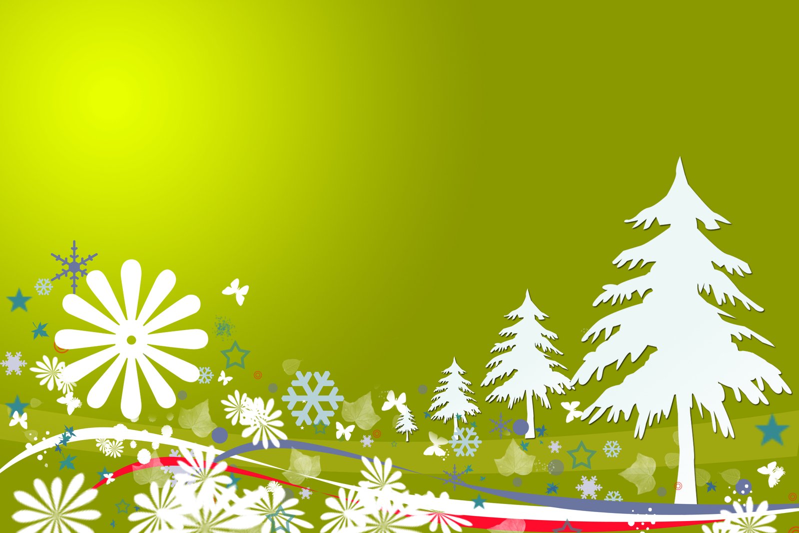 a background with snow flakes, trees and stars