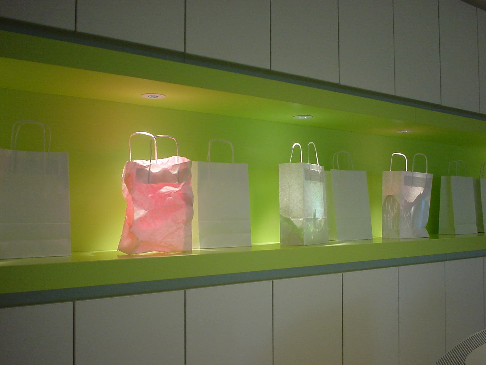 bags sitting on shelves in a store with no people
