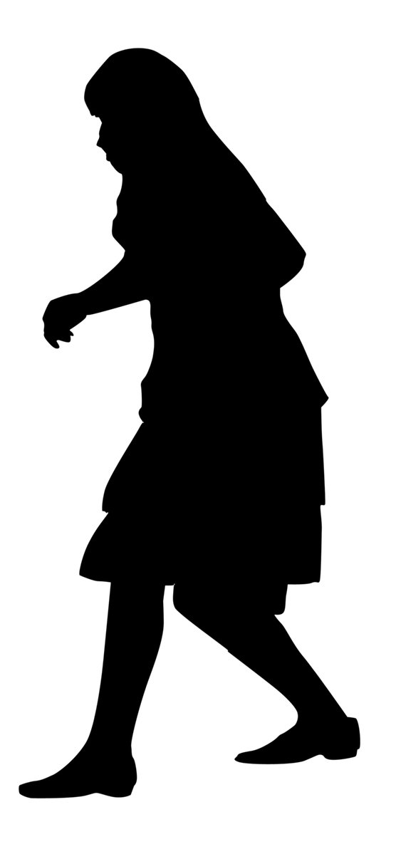 black silhouette of a woman walking, arm extended