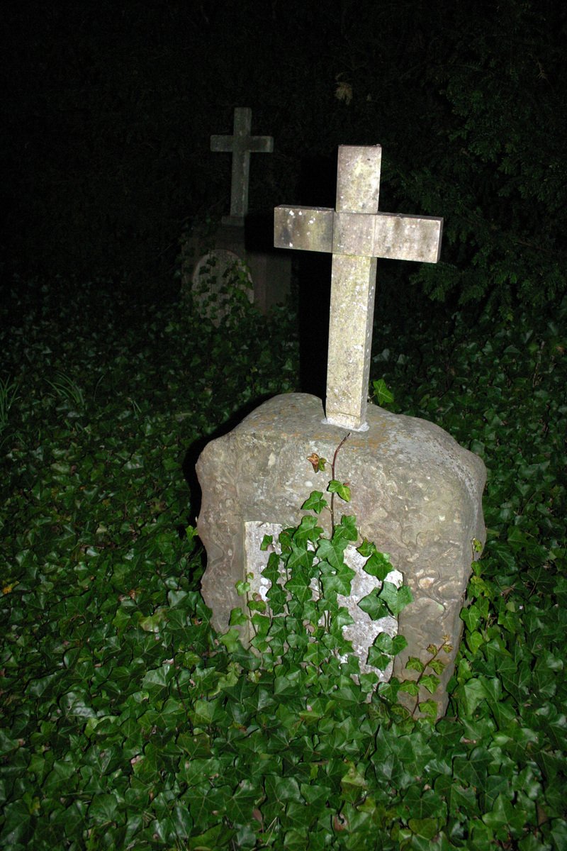 a grave with a cross and ivy surrounding it