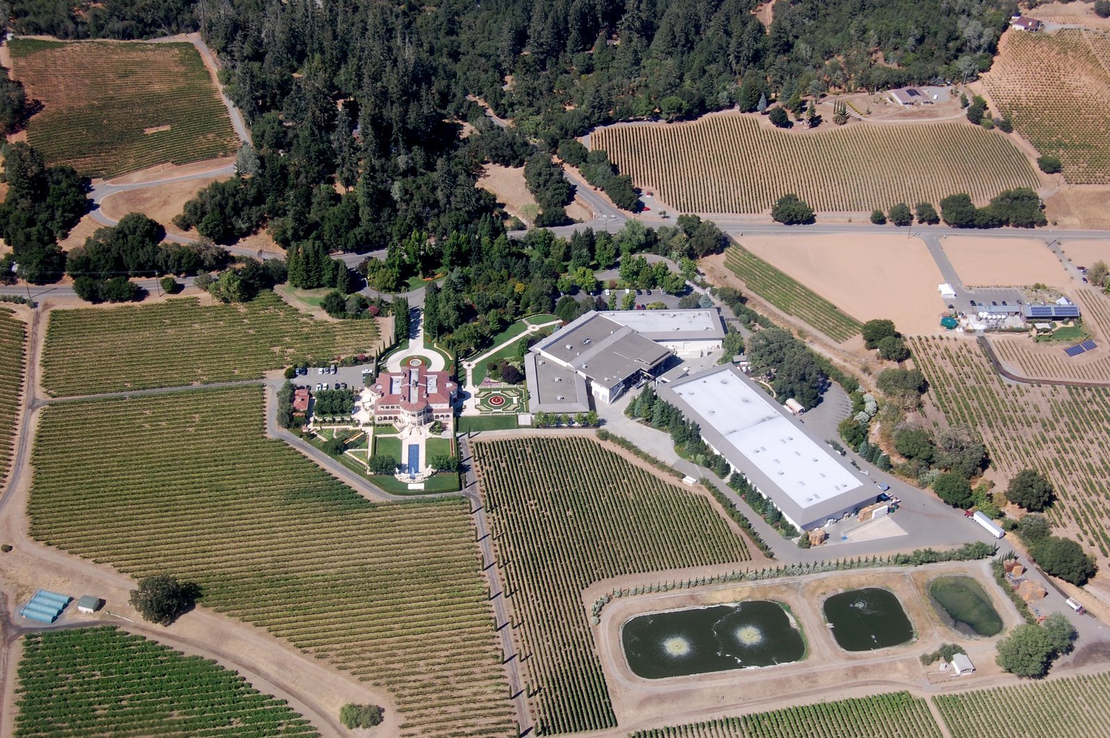 an aerial view of an estate with an apple orchard in the background