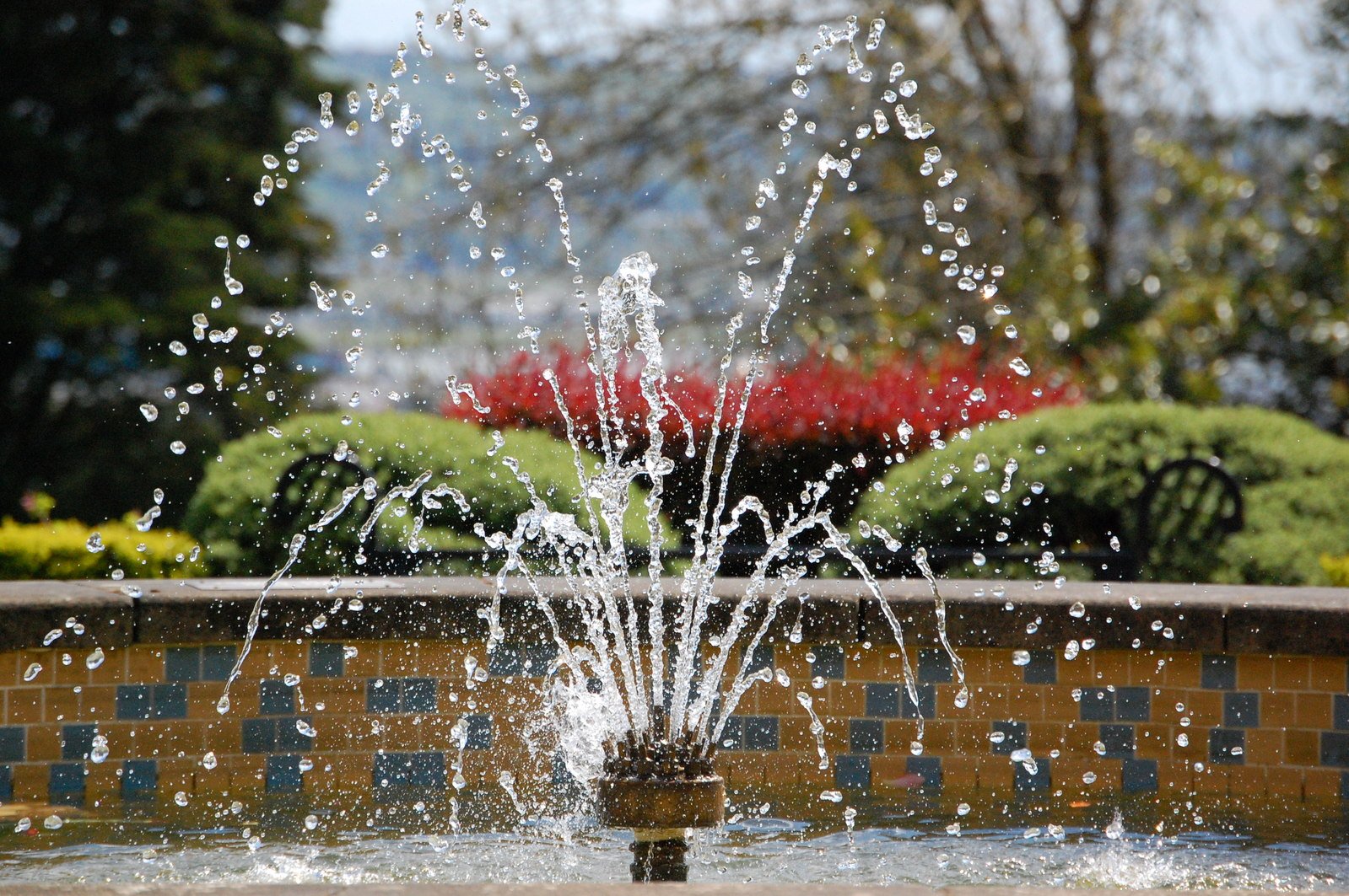 the fountain has water spewing out of it