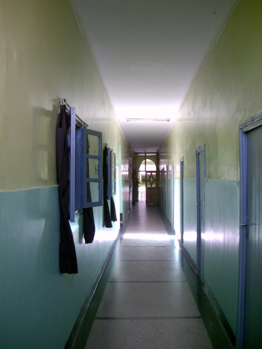 a hallway with several purple and white doors
