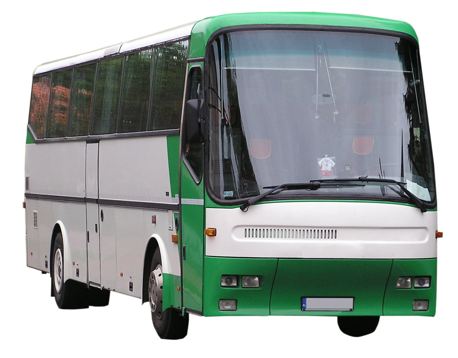 a green and white bus with several seats