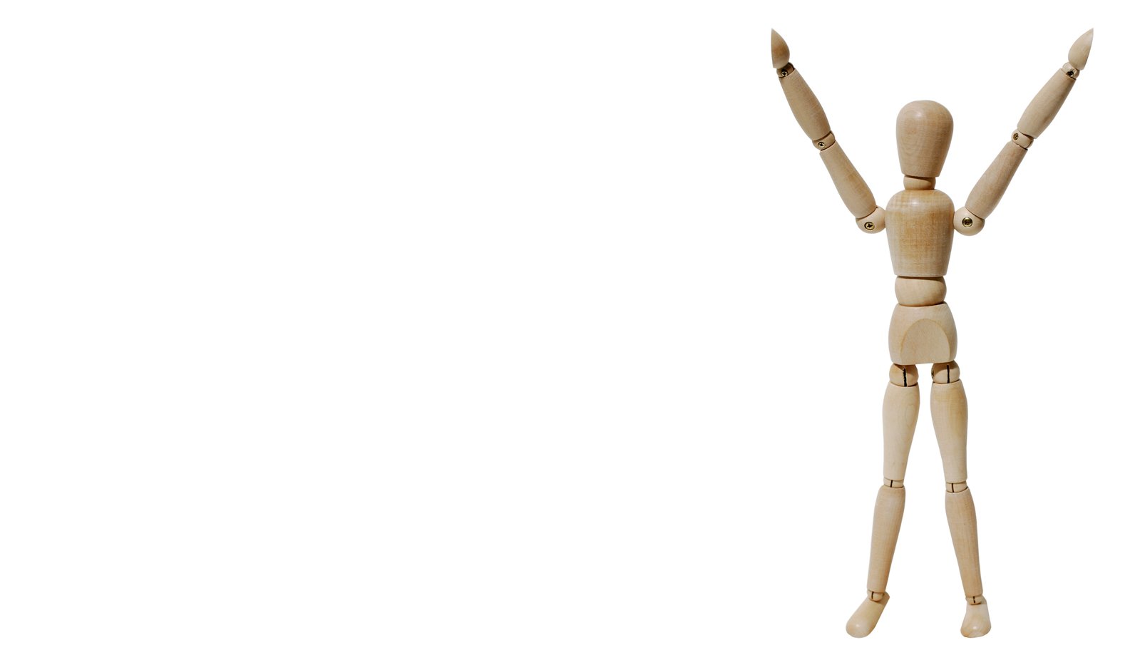 a wooden doll holding his arms in the air